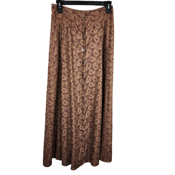 Woolrich Dresses & Skirts - Woolrich Womens Long Maxi Skirt Medium Camel Purple Paisley Rayon Button Front